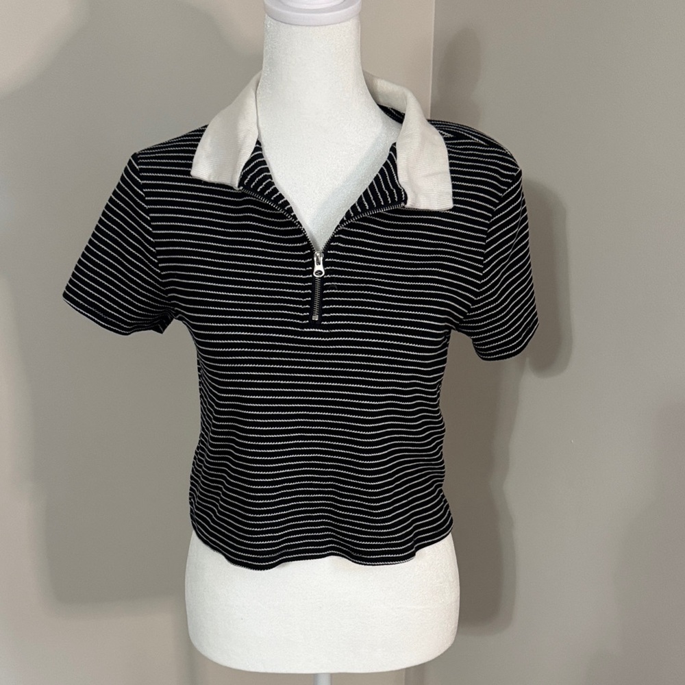 Black and White Striped Zip Polo Crop Top